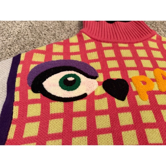 AKIRA Paris Patchwork Graphic Turtleneck Sweater Pink Yellow Multi Large - Picture 2 of 5